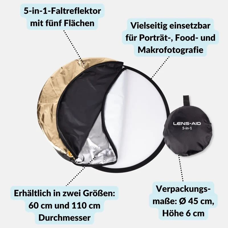 5-in-1-Faltreflektor für Porträtfotografie, Produktfotos uvm.