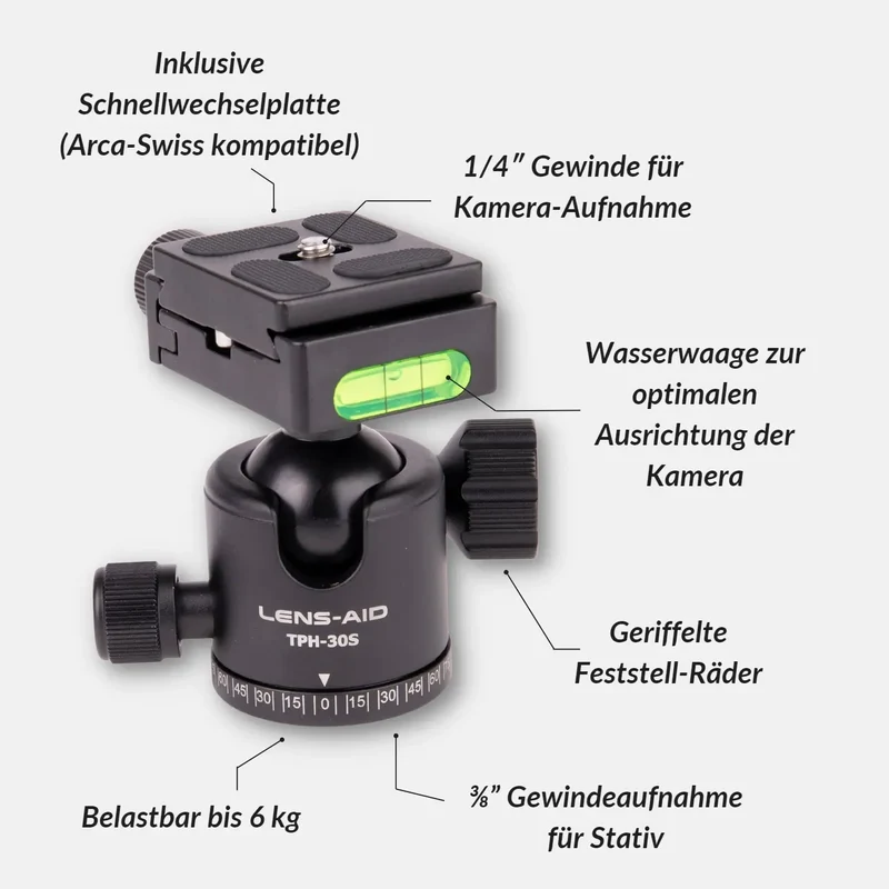 Aluminium Stativ-Kugelkopf TPH-30s mit Schnellwechselplatte