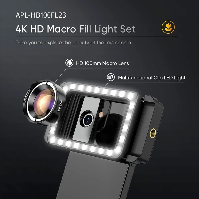 APEXEL 3-in-1 Handy-Objektivclip und 100-mm-Makroobjektiv-Set mit Fülllicht