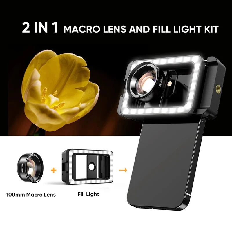 APEXEL 3-in-1 Handy-Objektivclip und 100-mm-Makroobjektiv-Set mit Fülllicht