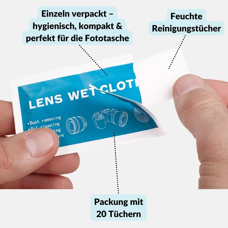 20 Feuchte Reinigungstücher für Objektivlinsen, Handydisplay & Brille