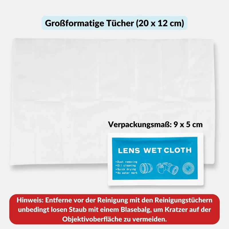 20 Feuchte Reinigungstücher für Objektivlinsen, Handydisplay & Brille
