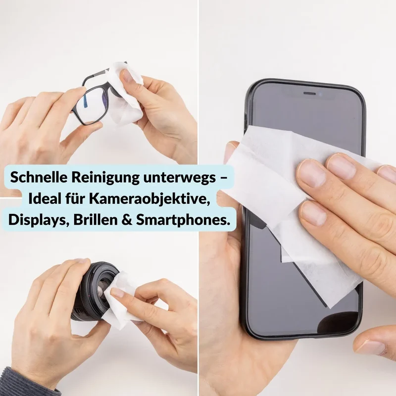 20 Feuchte Reinigungstücher für Objektivlinsen, Handydisplay & Brille