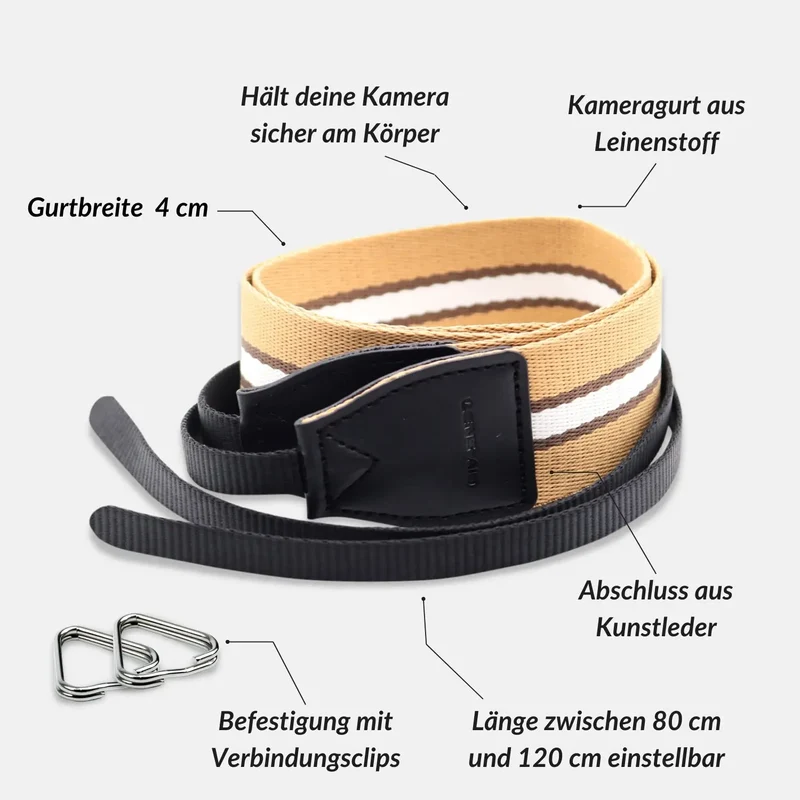 Kameragurt aus Leinen im Streifen-Design 80–120 cm