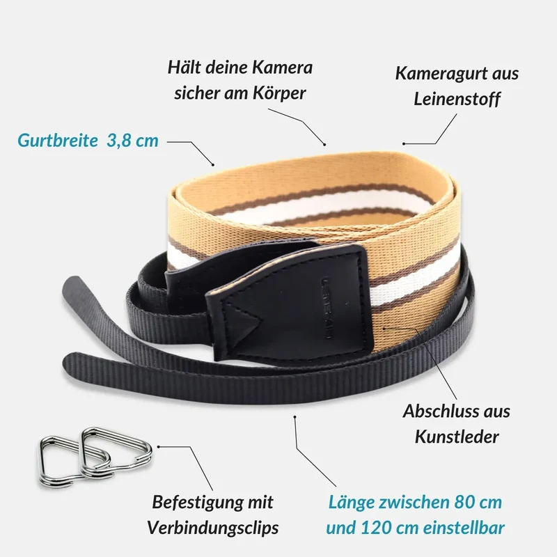 Kameragurt aus Leinen im Streifen-Design 80–120 cm