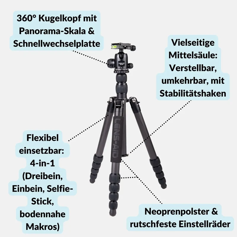 Carbon Reisestativ 160cm, 4-in-1 bis 8kg mit 360° Kugelkopf – leicht & kompakt