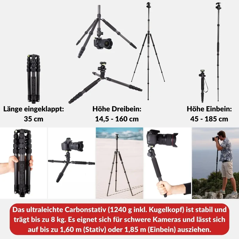 Carbon Reisestativ 160cm, 4-in-1 bis 8kg mit 360° Kugelkopf – leicht & kompakt