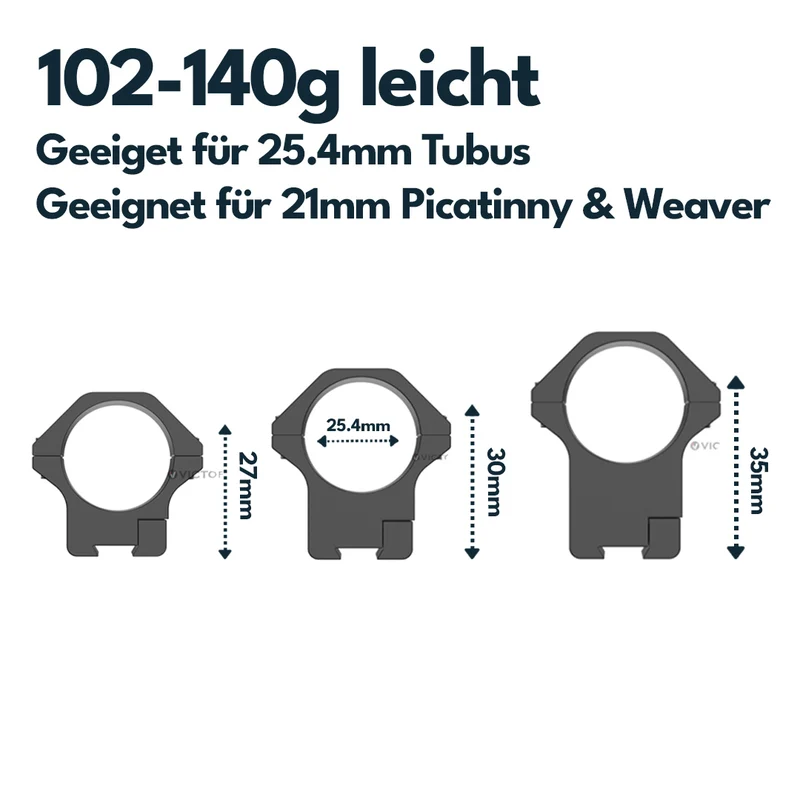 Victoptics Montageringe aus Aluminium für 11mm Schiene und 30mm Tubus in verschiedenen Höhen