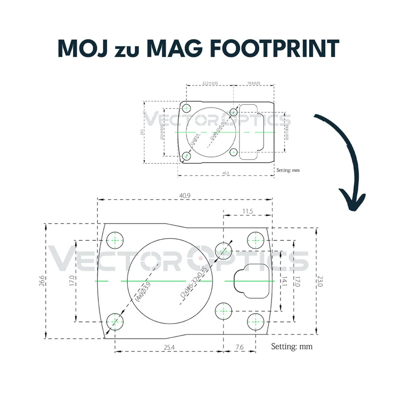 Vector Optics VMPM-04 MOJ (RMR) zu MGT (RMSc) Footprint Adapter aus Polymer