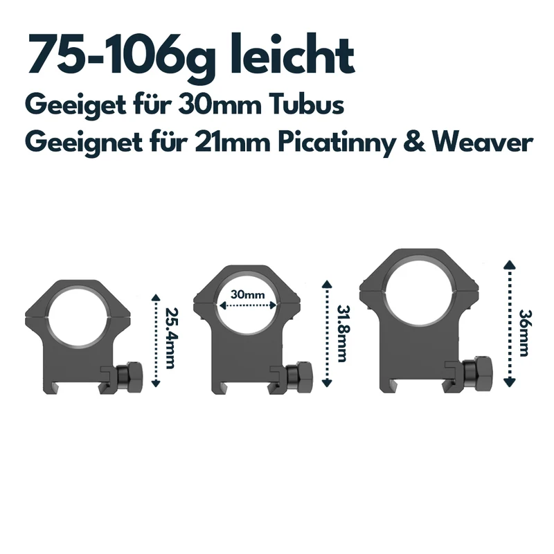 Victoptics Montageringe aus Aluminium für 21mm Schiene und 30mm Tubus in verschiedenen Höhen