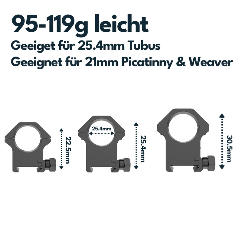 Victoptics Montageringe aus Aluminium für 21mm Schiene und 25,4mm Tubus in verschiedenen Höhen