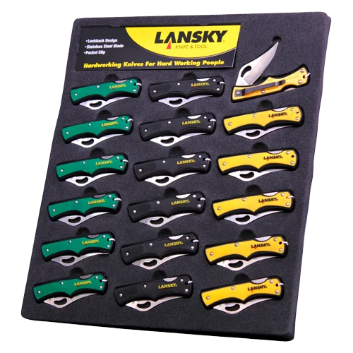 Display mit 18 Lansky Taschenmessern