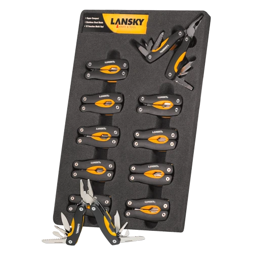 Display mit 10 Lansky Mini-Multitools