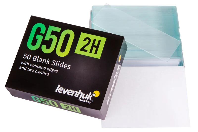 Portaobjetos vacíos de dos cavidades Levenhuk G50 2H, 50 unidades