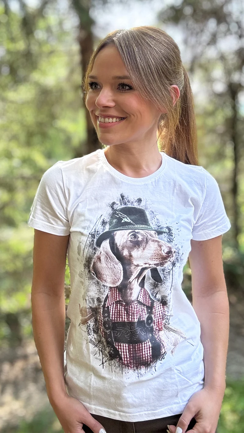 ALMTRACHT T-Shirt Damen Dackel mit Hut, weiß